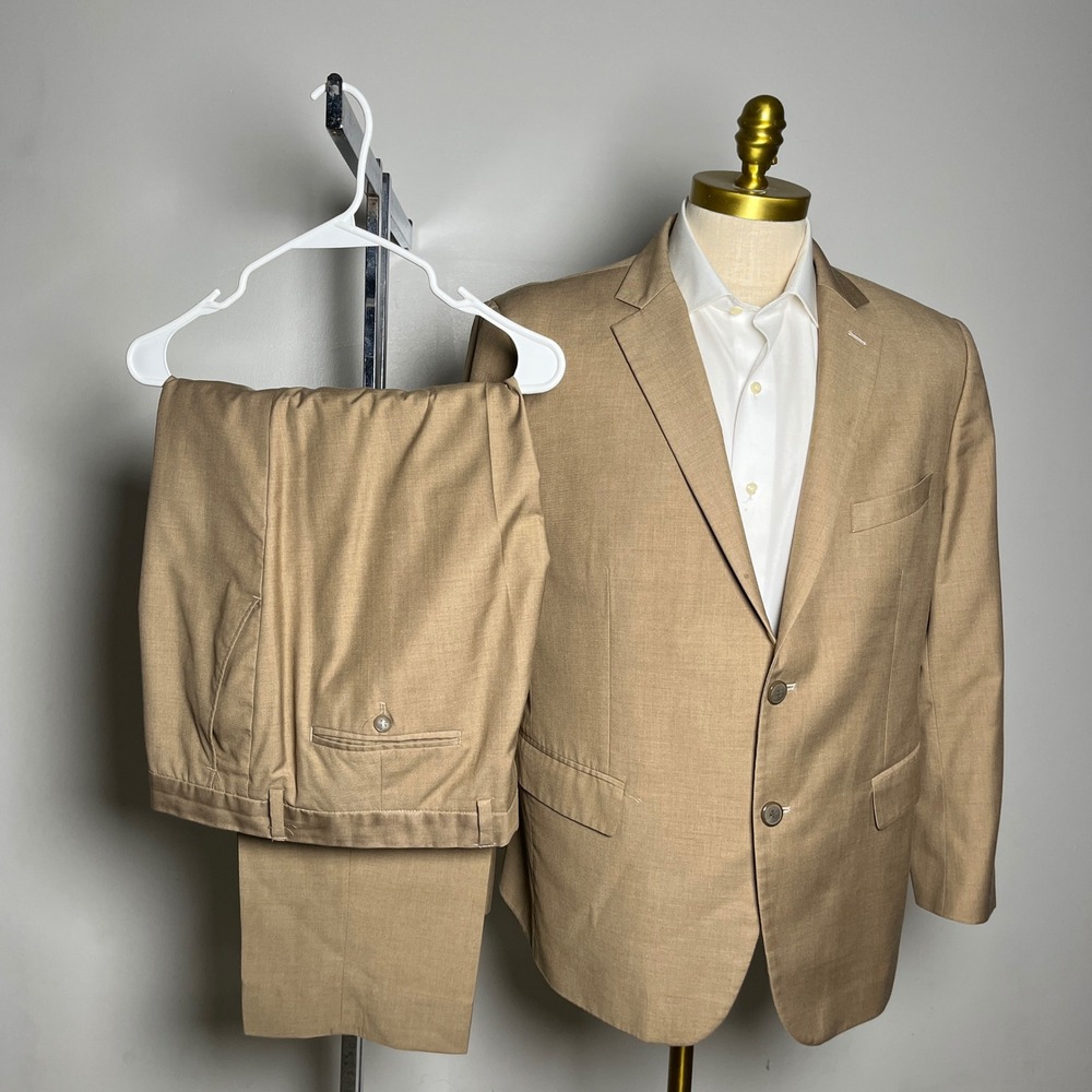 Custom Tailored 2-Piece Suit Mens 44S 40x28 Tan Solid Notch Lapel Two-Button